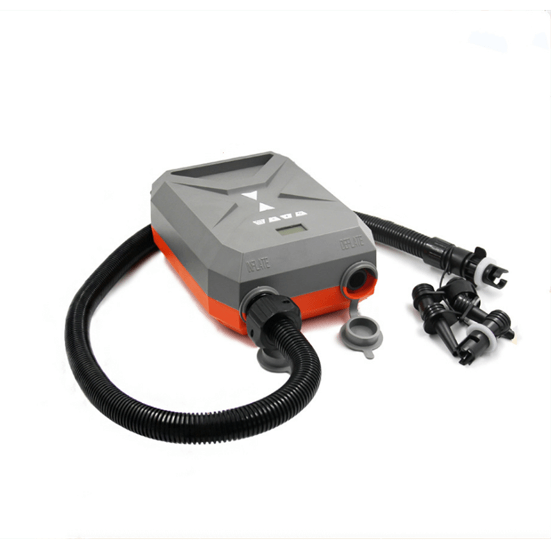 SURFMORE Elektrisk SUP Pumpe 20 PSI - Orange og Grå - Set forfra - Med slanger og ventiler
