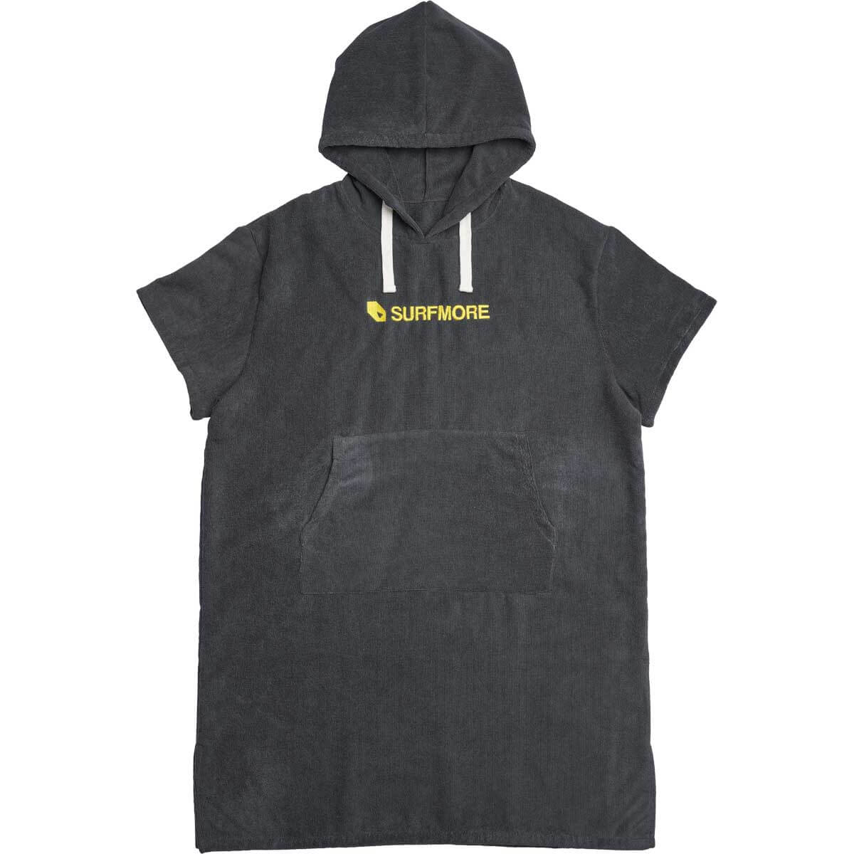 surfmore badeponcho af mikrofiber i grå med gult surfmore logo på brystet, hætte og lomme på mave
