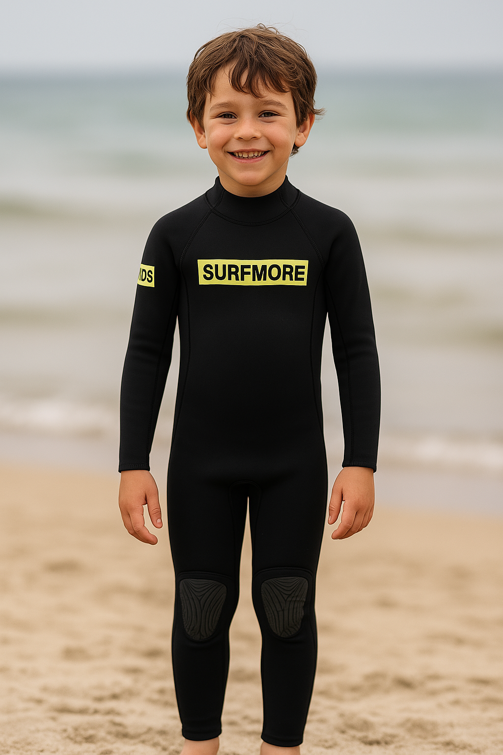 Smilende dreng i SURFMORE våddragt til børn på strand