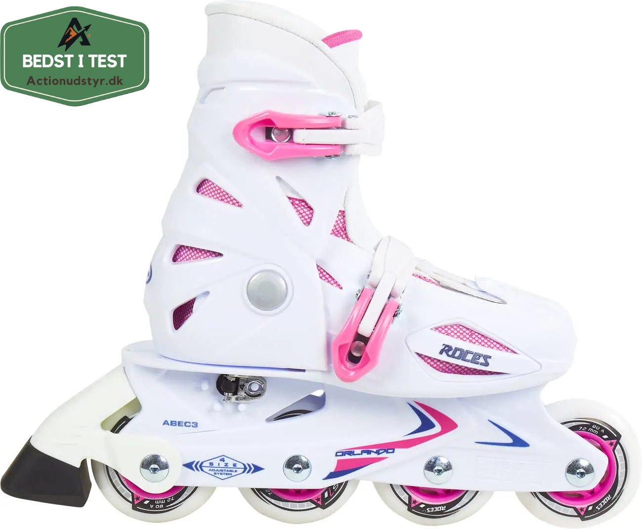 Roces Orlando III Inliners til børn - Hvid/Lyserød - Med Actionudstyr.dk 'bedst i test' logo